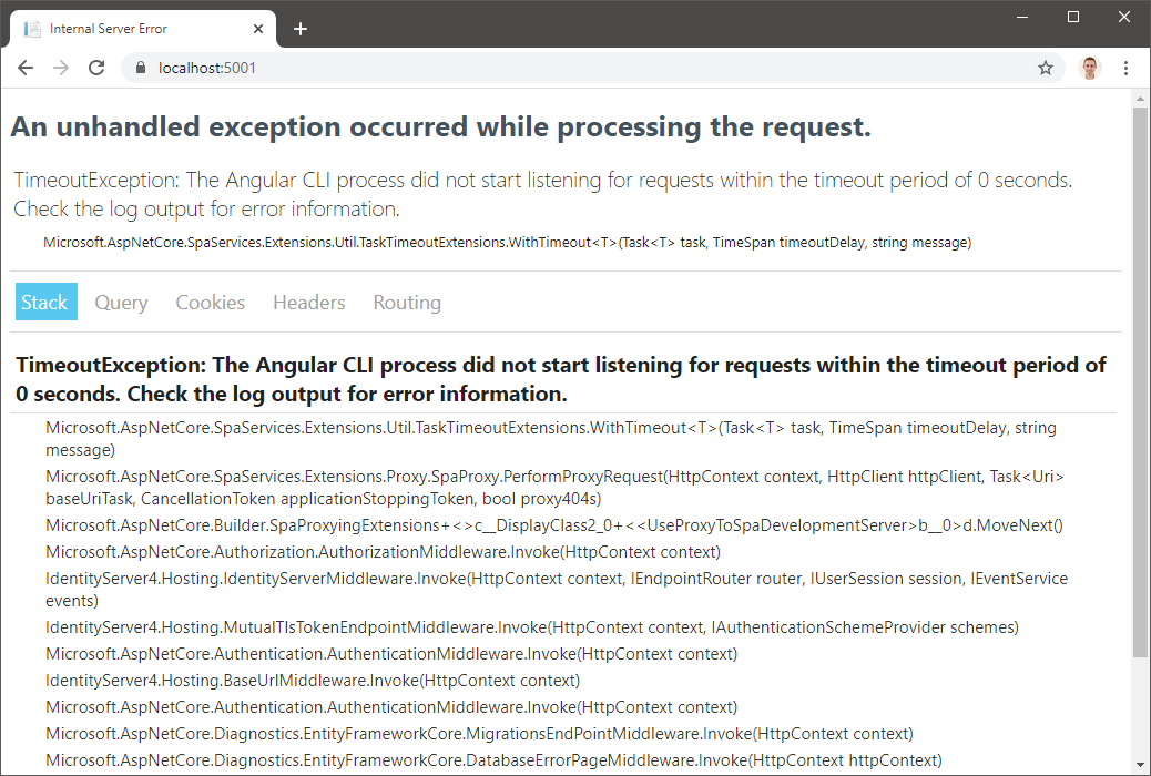 An unhanded exception error message is displayed in the browser after attempting to launch the project that has been upgraded to Angular 9.