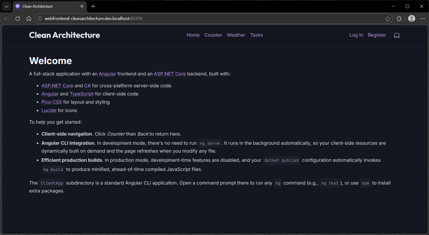 Angular frontend with Pico CSS and dark mode
